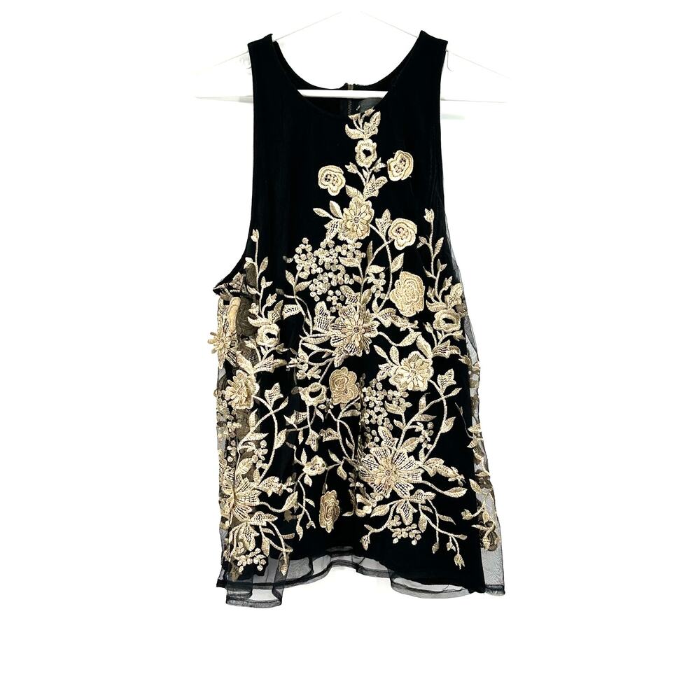 Sunday‎ in Brooklyn Sz 4 Blouse Black Sheer White Floral Roses Sleeveless Formal